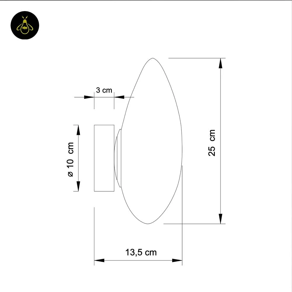 White Opaline Wall Light – Veglia 25 cm Glass Disc 13 White LED wall light dimension sheet showing 25 cm height, 13.5 cm projection and 10 cm backplate
