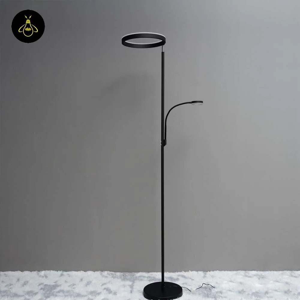 Black LED Floor Lamp with Reading Light – 2-in-1 Ring Uplight 6 Detail of matte black LED floor lamp stem and adjustable reading light arm