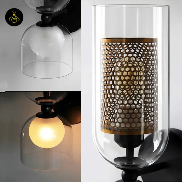 Double wall light details: antique brass finish honeycomb cage inside the clear glass cylinder, opal globe lit and unlit