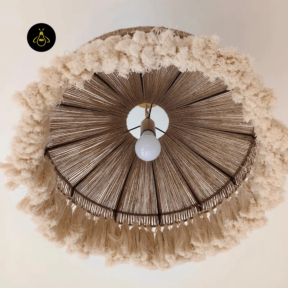 Fringe Pendant Light | 80 cm Handwoven Hemp Rope & Tassel Boho Pendant 3 Close-up of the hemp rope weave and E27 bulb inside a boho fringe pendant light