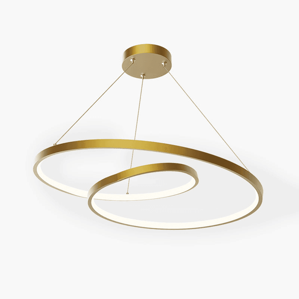 Spiral ring chandelier with copper-finish band and integrated LED, front view