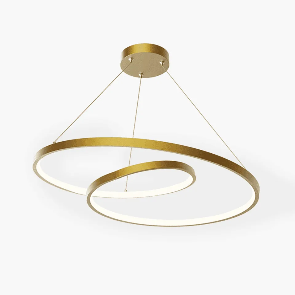 Spiral ring chandelier with copper-finish band and integrated LED, front view