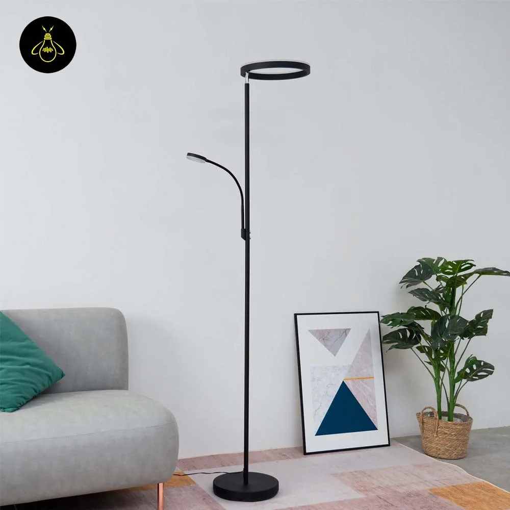 Black LED floor lamp with reading light beside a chair in a bedroom corner