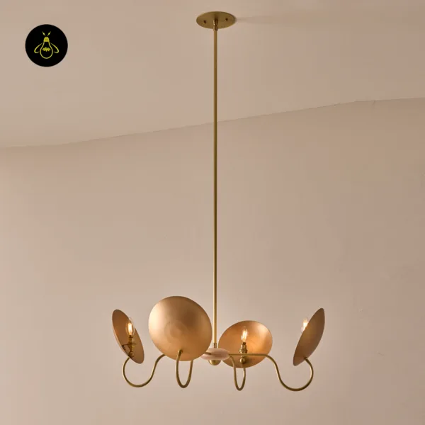 Wood and brass chandelier with bronze lighting reflectors by JagMag