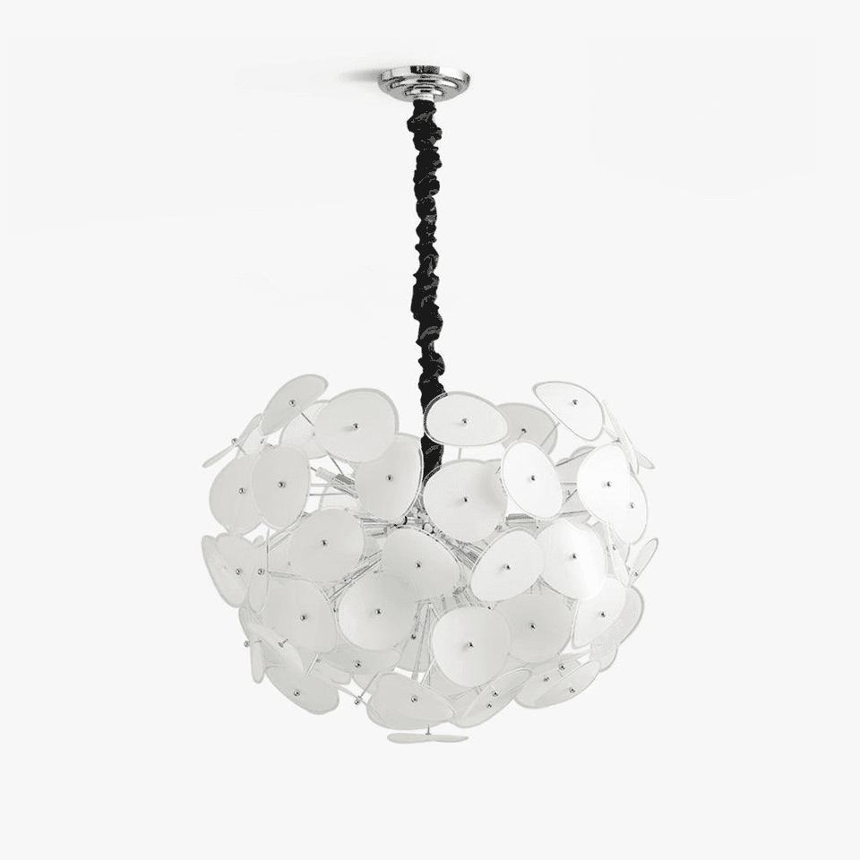 Frosted glass chandelier with 8 opal borosilicate glass petals on chrome frame – Jagmag Lights