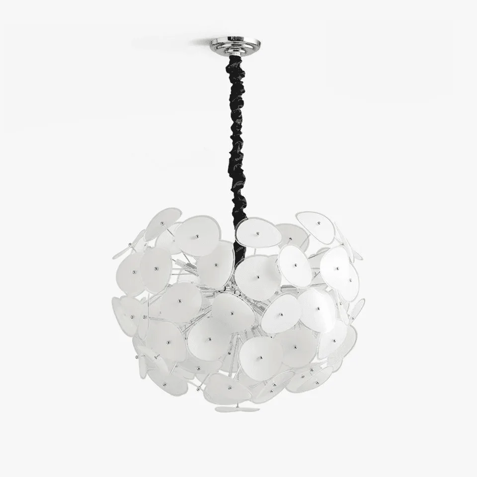 Frosted glass chandelier with 8 opal borosilicate glass petals on chrome frame – Jagmag Lights