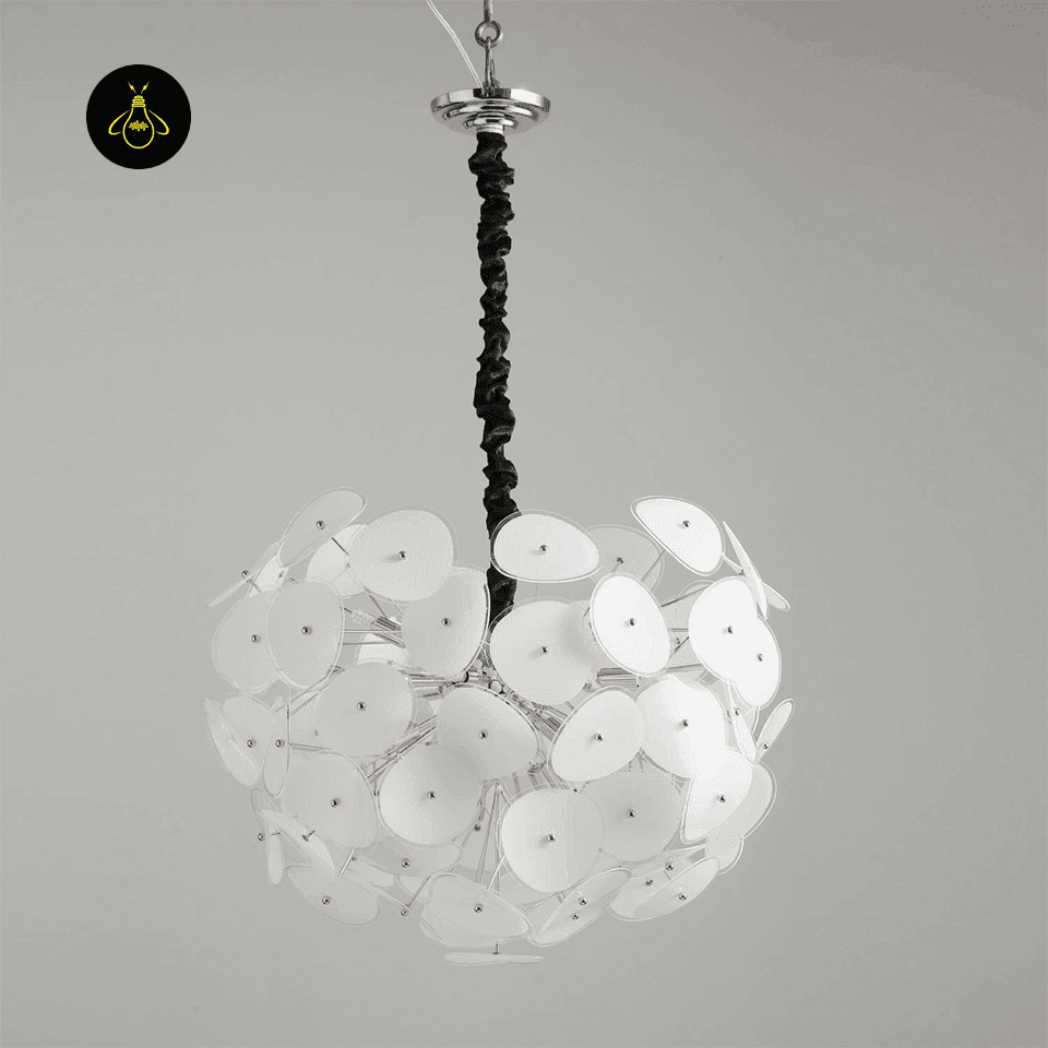 White Chandelier – 8-Light Frosted Glass Petal Globe, 40 cm 7 Frosted glass chandelier with adjustable drop rod and chrome ceiling canopy – Jagmag Lights