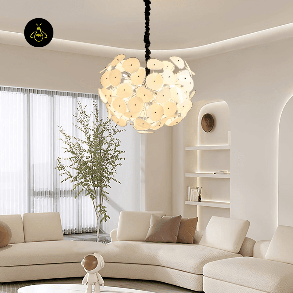 White Chandelier – 8-Light Frosted Glass Petal Globe, 40 cm 8 Frosted glass chandelier ceiling canopy mount in a modern cream living room – Jagmag Lights