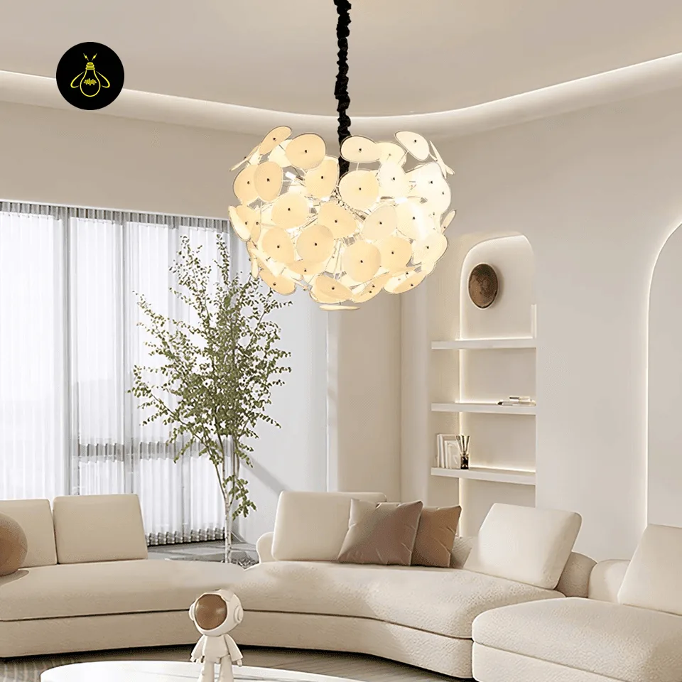 White Chandelier – 8-Light Frosted Glass Petal Globe, 40 cm 8 Frosted glass chandelier ceiling canopy mount in a modern cream living room – Jagmag Lights