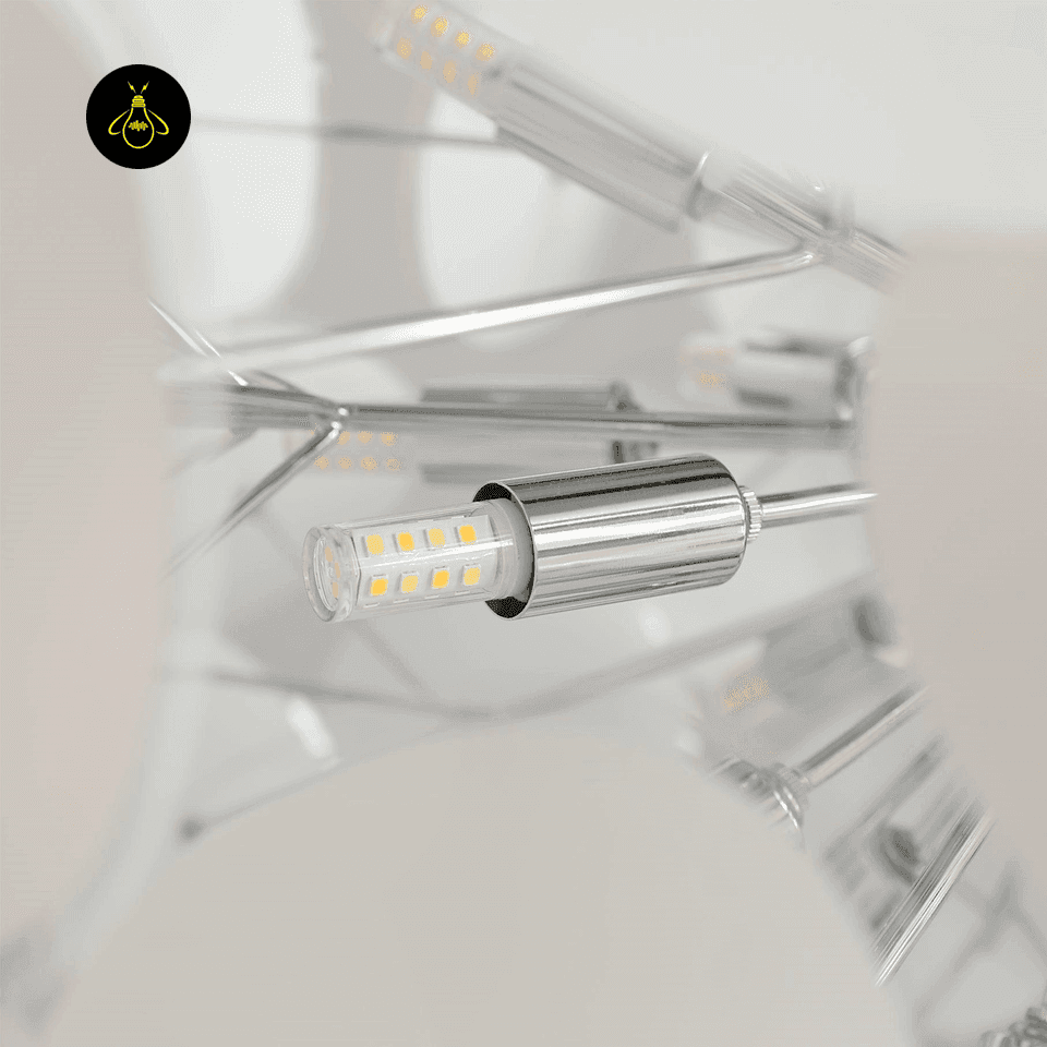 White Chandelier – 8-Light Frosted Glass Petal Globe, 40 cm 4 Chrome frame and G9 lamp socket detail of the Jagmag frosted glass chandelier – Jagmag Lights