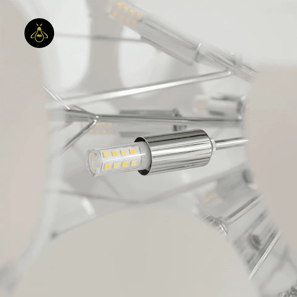 White Chandelier – 8-Light Frosted Glass Petal Globe, 40 cm 4 Chrome frame and G9 lamp socket detail of the Jagmag frosted glass chandelier – Jagmag Lights