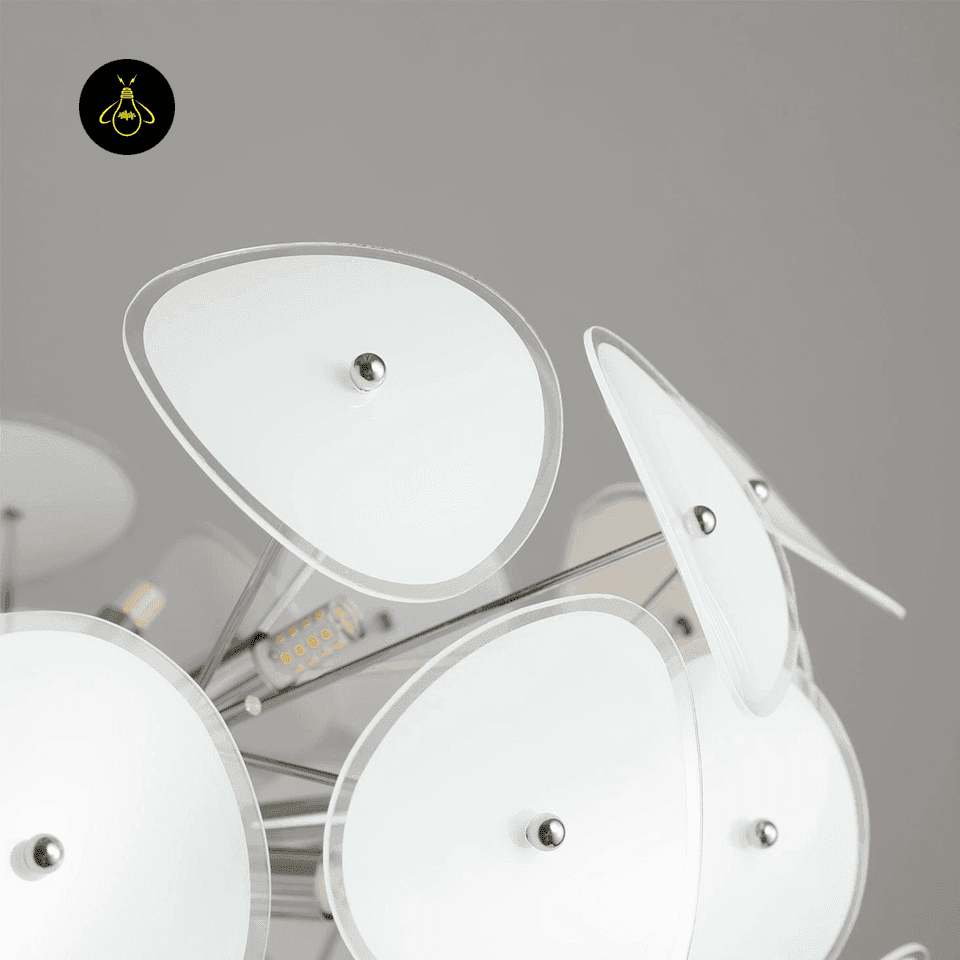 White Chandelier – 8-Light Frosted Glass Petal Globe, 40 cm 3 Close-up of frosted borosilicate glass petals on the glass chandelier chrome frame – Jagmag Lights