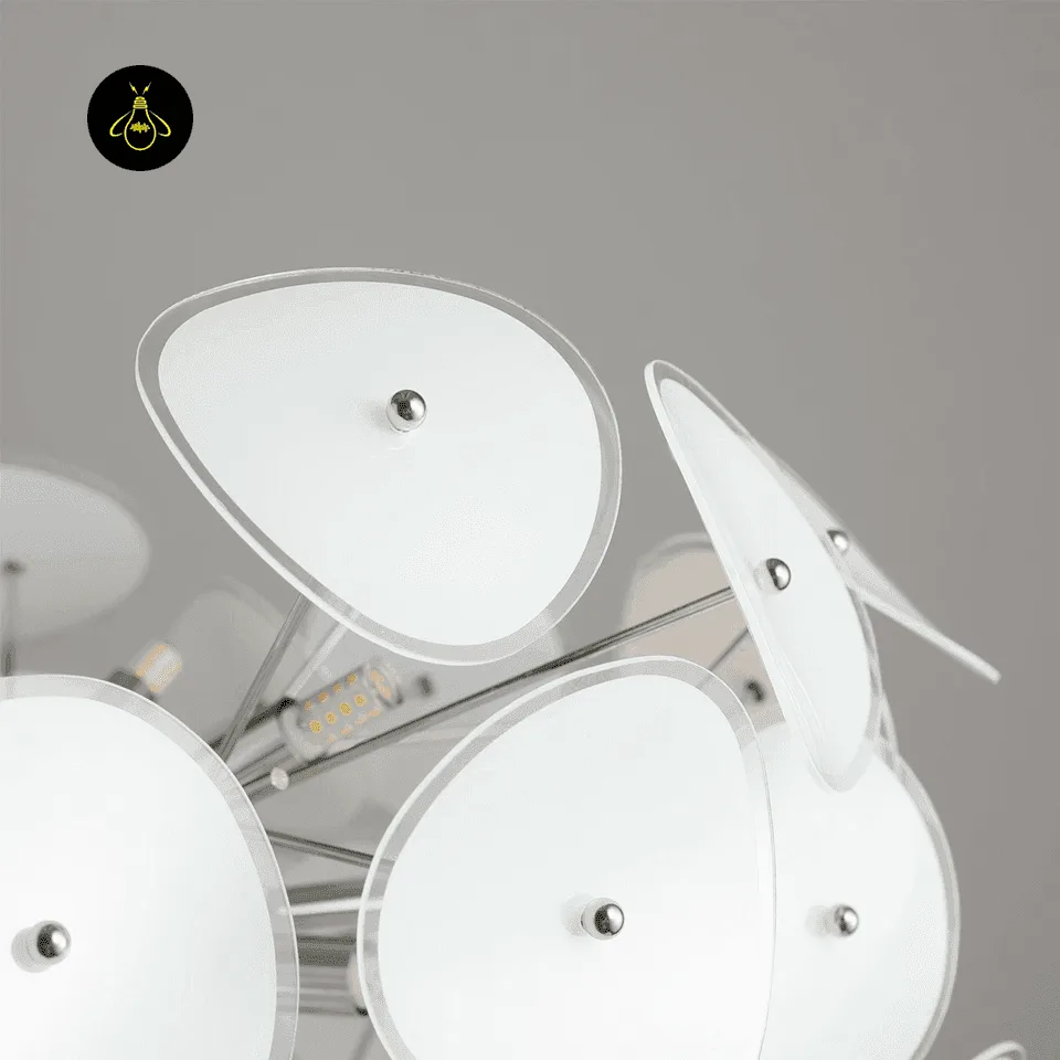 White Chandelier – 8-Light Frosted Glass Petal Globe, 40 cm 3 Close-up of opal borosilicate glass petals on the glass chandelier chrome frame – Jagmag Lights