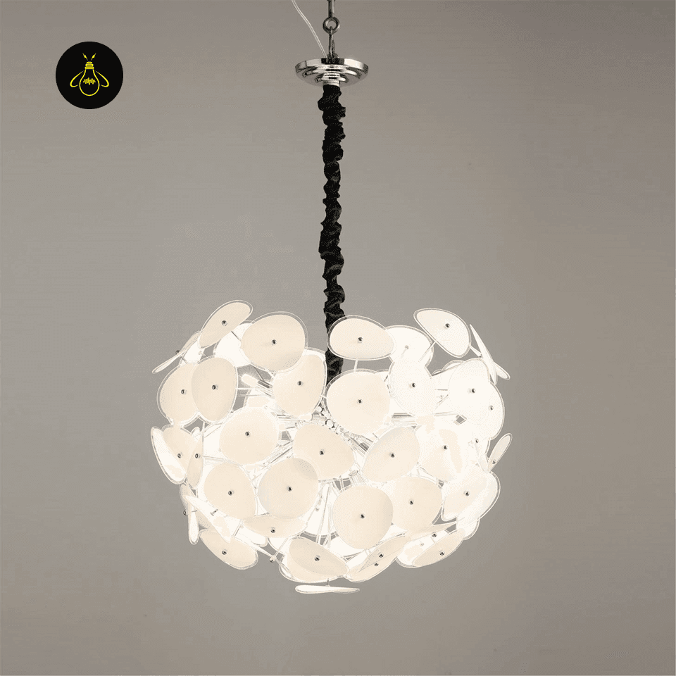 White Chandelier – 8-Light Frosted Glass Petal Globe, 40 cm 2 Frosted glass chandelier installed in a modern dining room with warm 3000K ambient light – Jagmag Lights
