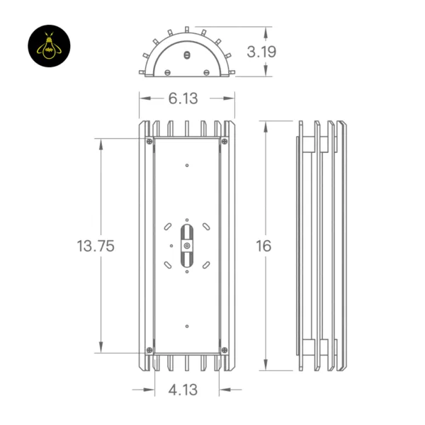 Modern outdoor wall light dimension drawing: 16 in (40.5 cm) high, 6.13 in (15.5 cm) wide, 3.19 in (8 cm) projection, back plate 13.75 × 4.13 in