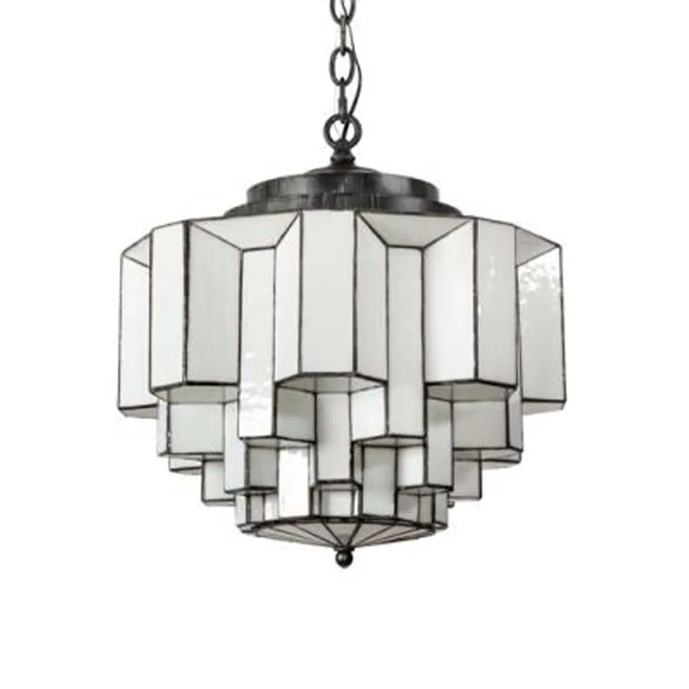 Antique-finish stainless steel chain and canopy of a stained glass chandelier