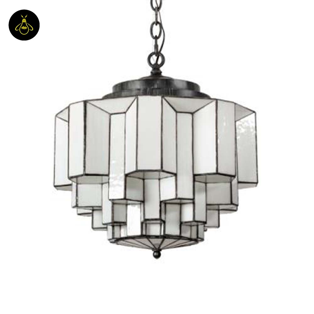 Antique iron chain and canopy of a stained glass chandelier