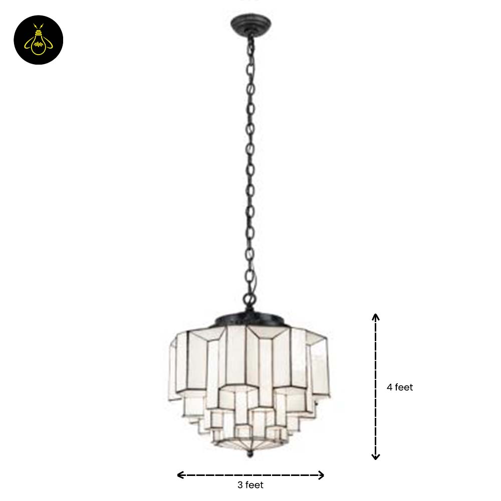 Stained Glass Chandelier – Tiered White Opal & Antique Iron, 91 cm | Jagmag Lights 8 Stained glass chandelier, 91 cm tiered shade, shown in a home interior