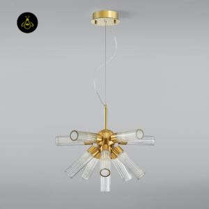 Fluted glass chandelier with a gold-finish central sphere and radiating ribbed glass tubes