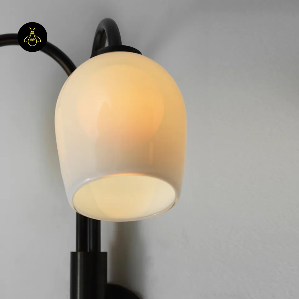 Gooseneck Wall Sconce – Opal Glass Dome, 1 or 2-Light Bronze Arm 4 Close-up of opal white glass dome shade on a gooseneck wall sconce with dark bronze finish