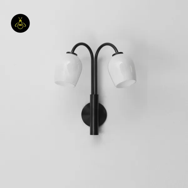 Gooseneck wall sconce switched off in daylight, white opal borosilicate glass domes on dark bronze arms and a round backplate