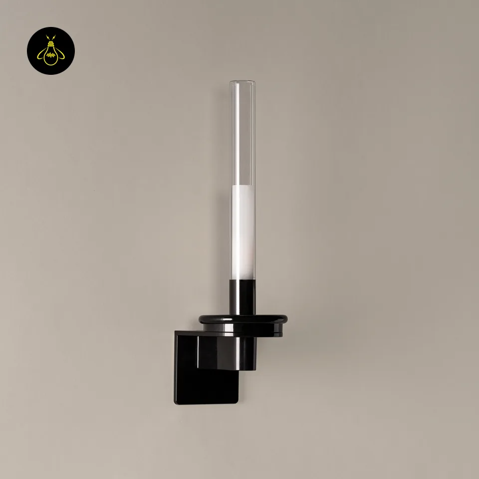 Black Glass Wall Light – Candle-Style Pyrex Glass Tube Sconce, Glossy Black, 46 cm 2 Candle-style black glass wall light, angled view showing Pyrex tube and square backplate