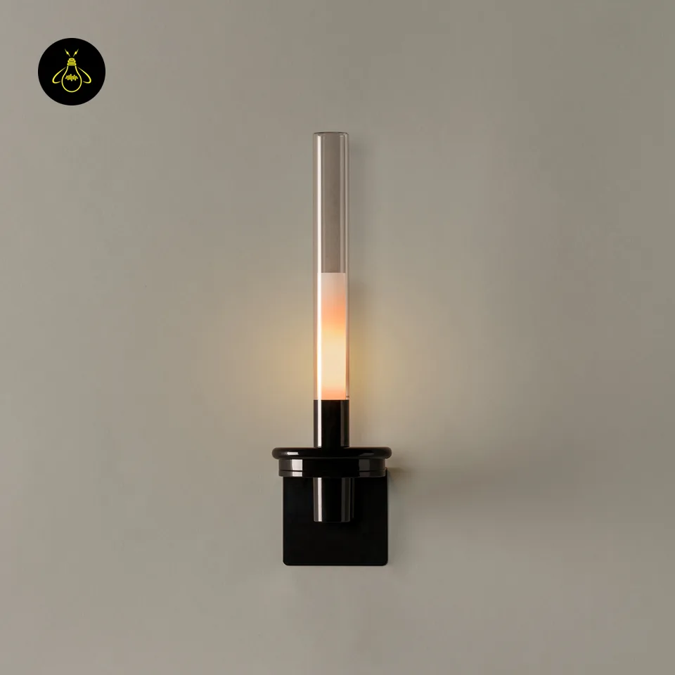 Black Glass Wall Light – Candle-Style Pyrex Glass Tube Sconce, Glossy Black, 46 cm 8 Side profile of black glass wall light showing slim glossy black base and wall projection