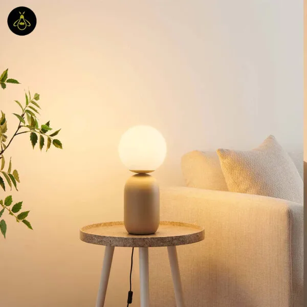 JagMag taupe table lamp with white globe and minimal modern profile