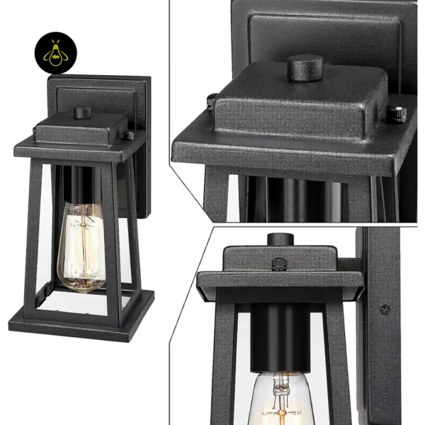 Close-up of the outdoor wall lantern: sand-textured matte black stainless steel roof, knurled screws and E27 holder