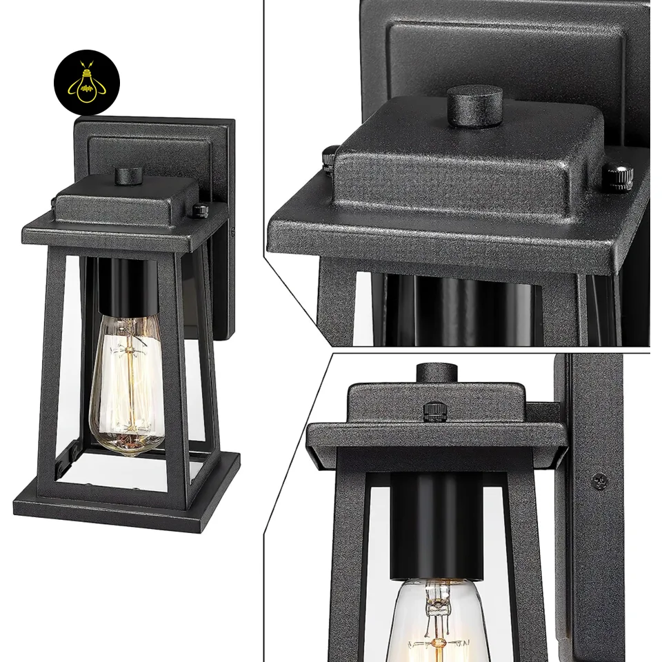 Outdoor Wall Lantern – 28 cm Black Metal & Clear Glass | Jagmag Lights 5 Tapered black metal outdoor lantern with detail close-up of bracket and mount – Jagmag Lights