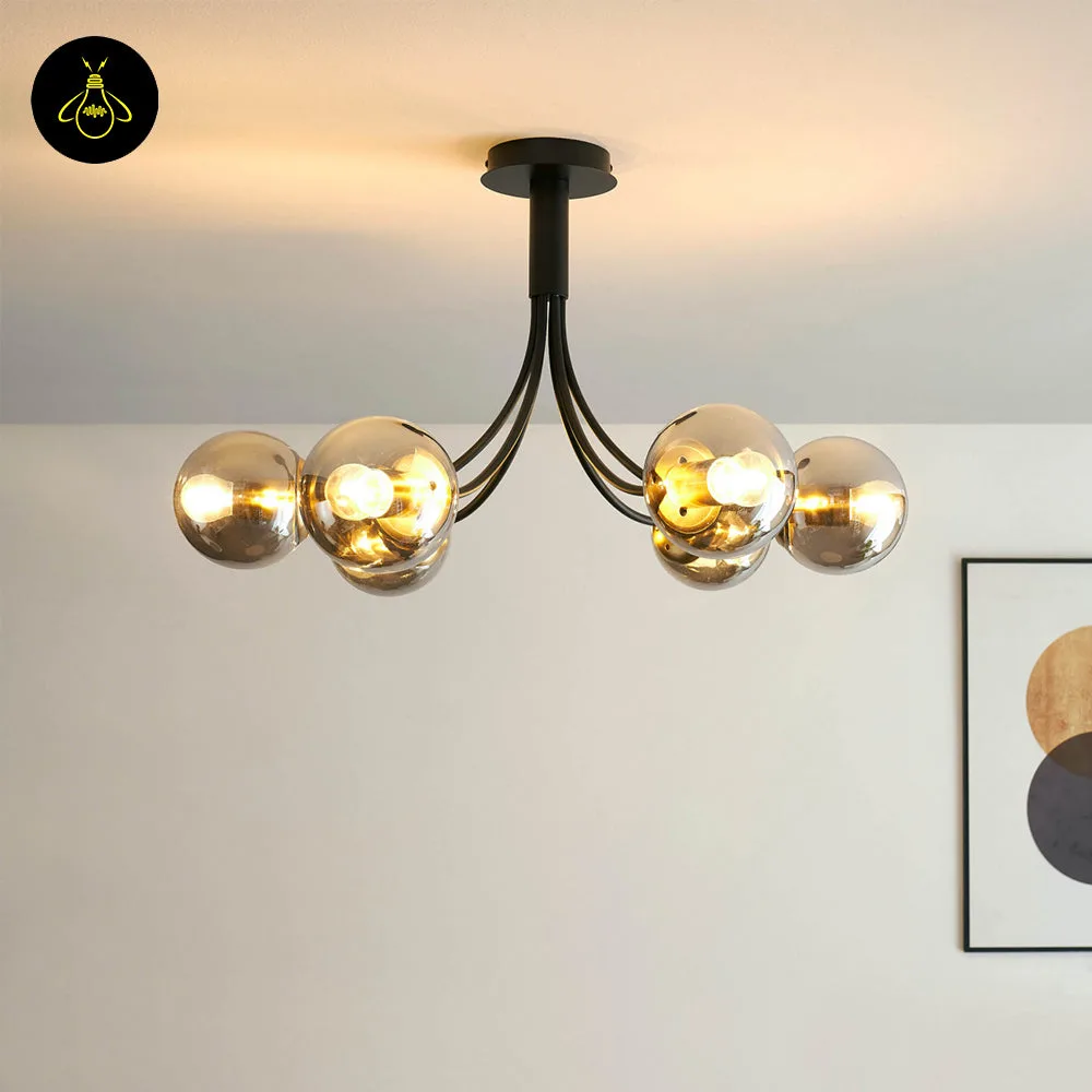 Black Glass Chandelier – 6-Light Smoke Glass Globe Semi-Flush 2 Smoked borosilicate glass globe chandelier in matte black mounted on a bedroom ceiling