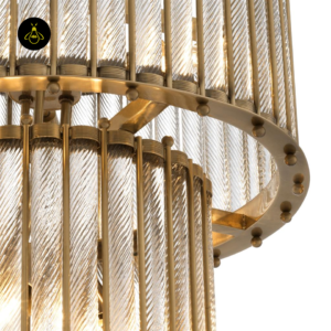 Close-up of the two-tier antique brass lantern chandelier and glass rods