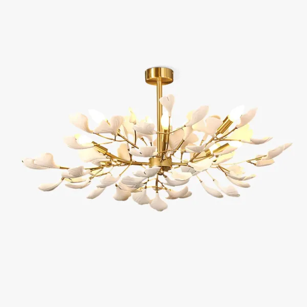 Ceramic ginkgo leaf chandelier in white porcelain and gold, front view for a dining room