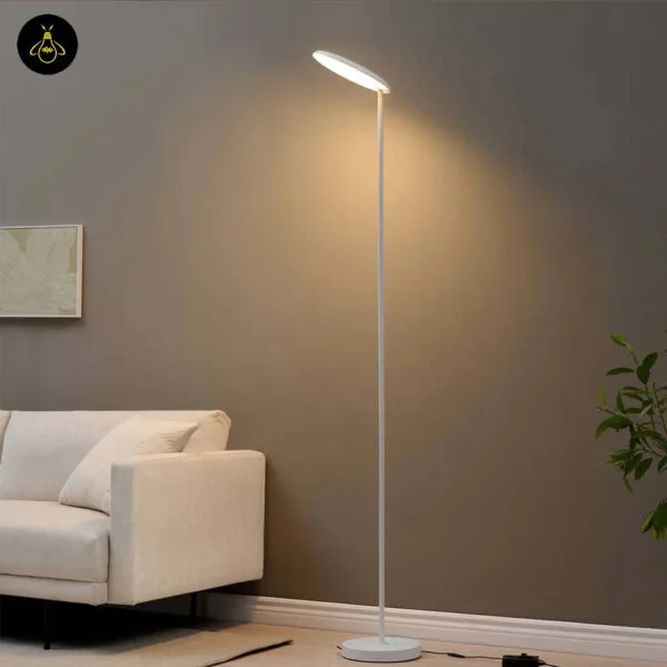 White LED floor lamp with adjustable head tilted for directional lighting