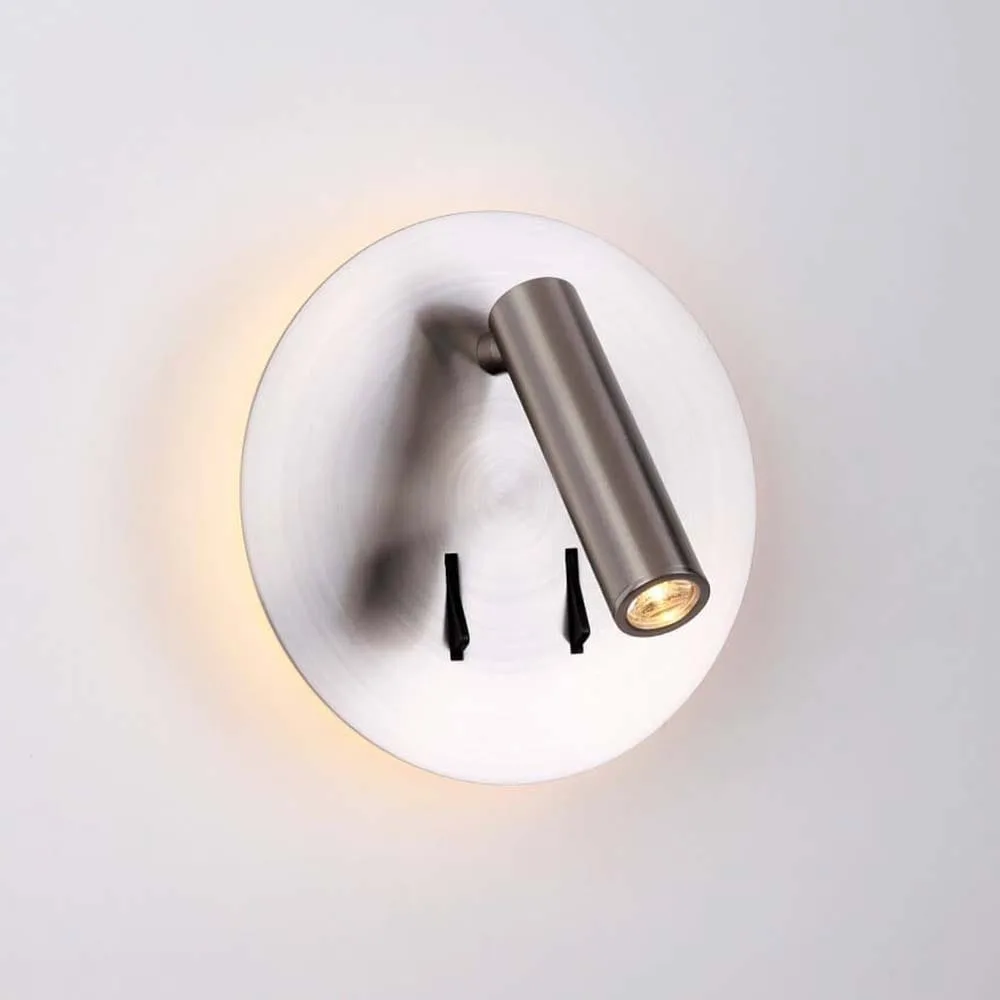 Wall lamp for bedroom: brushed chrome 304 stainless steel disc with a pivoting LED reading spot and two black switches