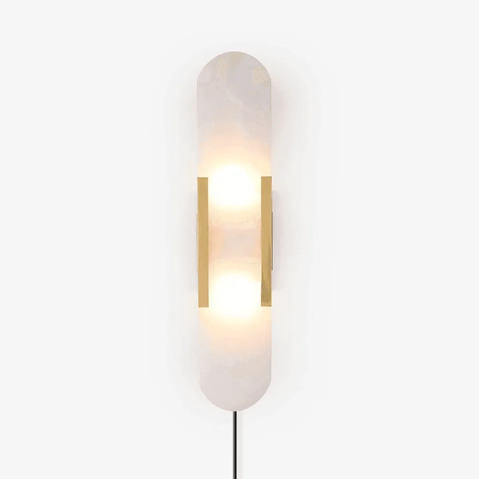 Linear Alabaster Wall Light – 50 cm Natural Stone Sconce 2 Linear alabaster wall light with a gold-finish stainless steel frame, lit, front view on a white background
