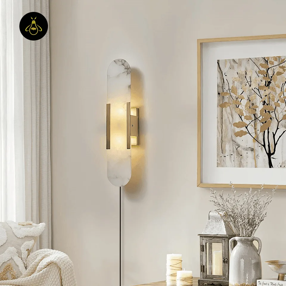Linear Alabaster Wall Light – 50 cm Natural Stone Sconce 12 Linear alabaster wall light glowing on a living-room wall above a console with a vase