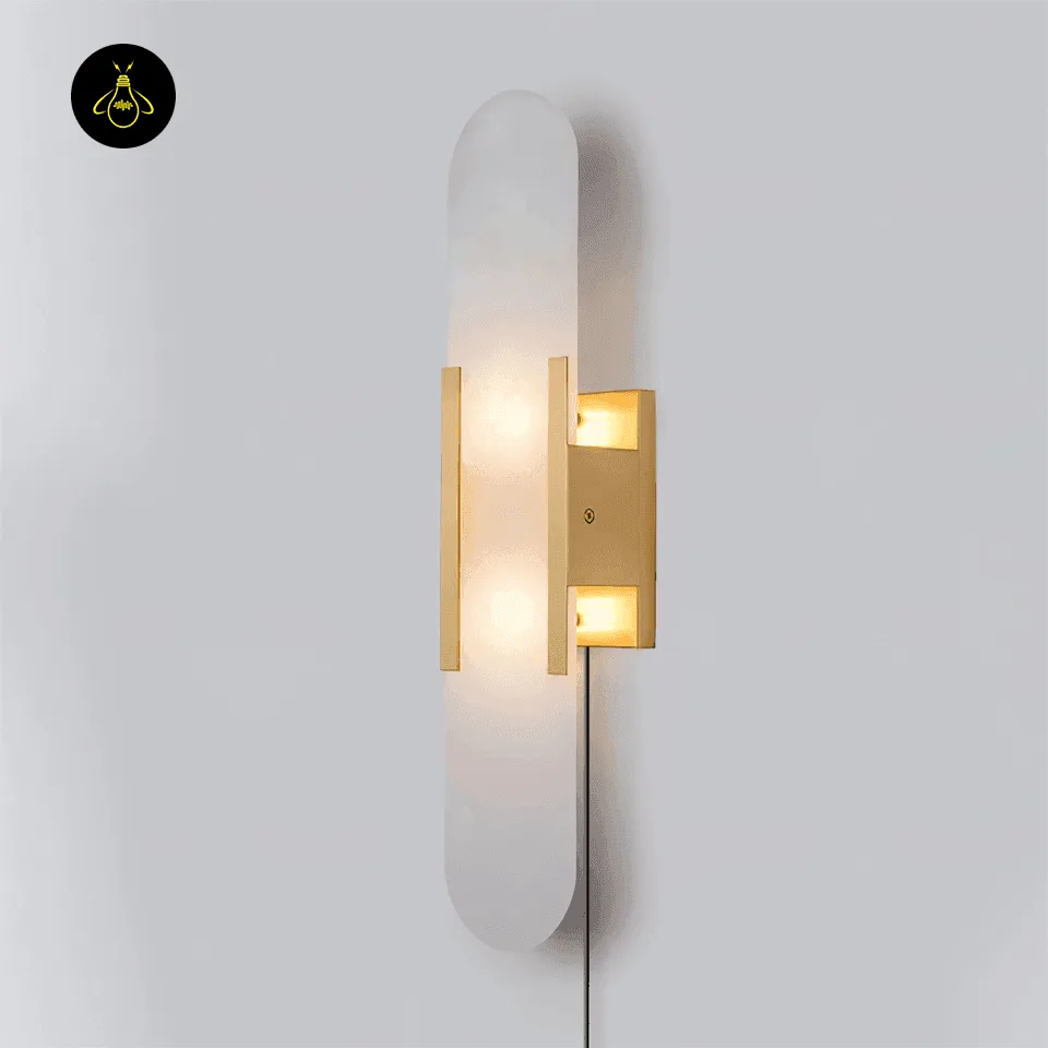 Linear Alabaster Wall Light – 50 cm Natural Stone Sconce 14 Linear alabaster wall light lit, side view showing the glow through the stone and the plug-in cord
