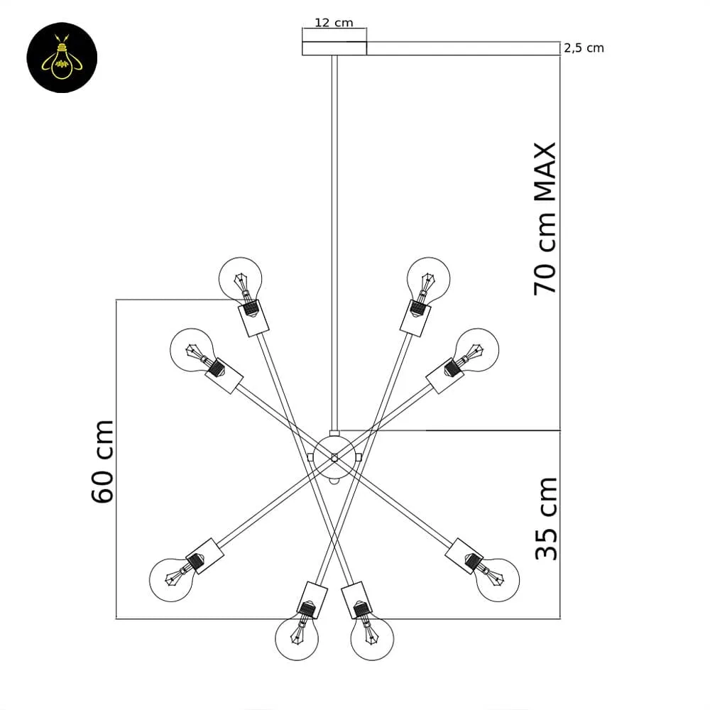 Linear Brass Chandelier – 8-Light Clear Glass, 60 cm 4 Linear Brass Chandelier – 8-Light Clear Glass, 60 cm dimension diagram