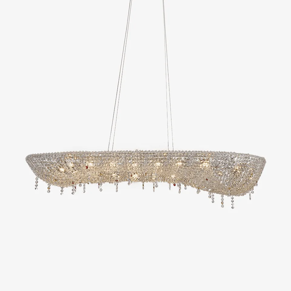 Linear crystal chandelier, a 165 cm oval ring of clear K9 crystal strands on fine wires, unlit on white