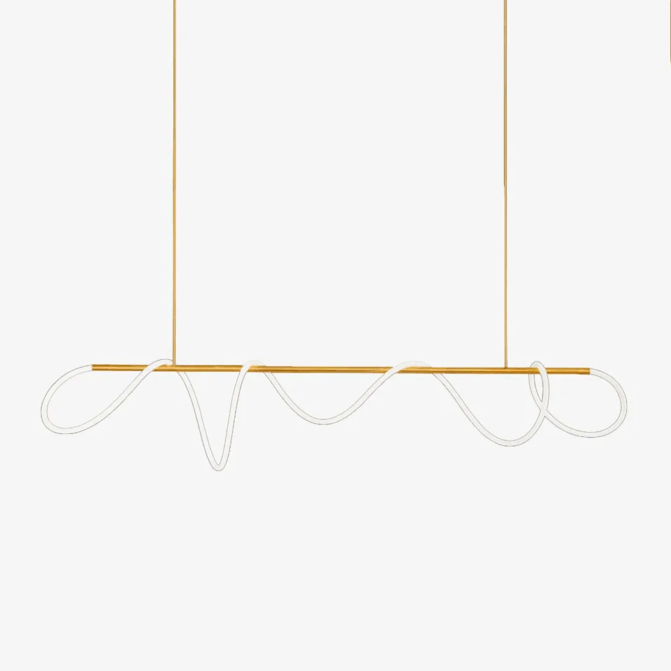 Linear LED chandelier with a white silicone ribbon looping along a gold bar, shown on a plain white background