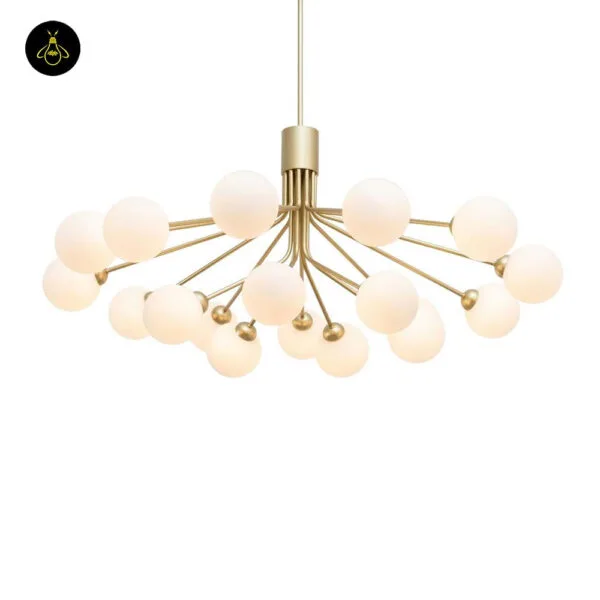 Modern gold 18-globe glass ball chandelier as a living room centrepiece