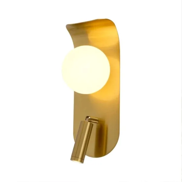 Bedroom reading light on a white background, opal borosilicate glass globe glowing above a brushed gold leaf and reading spot