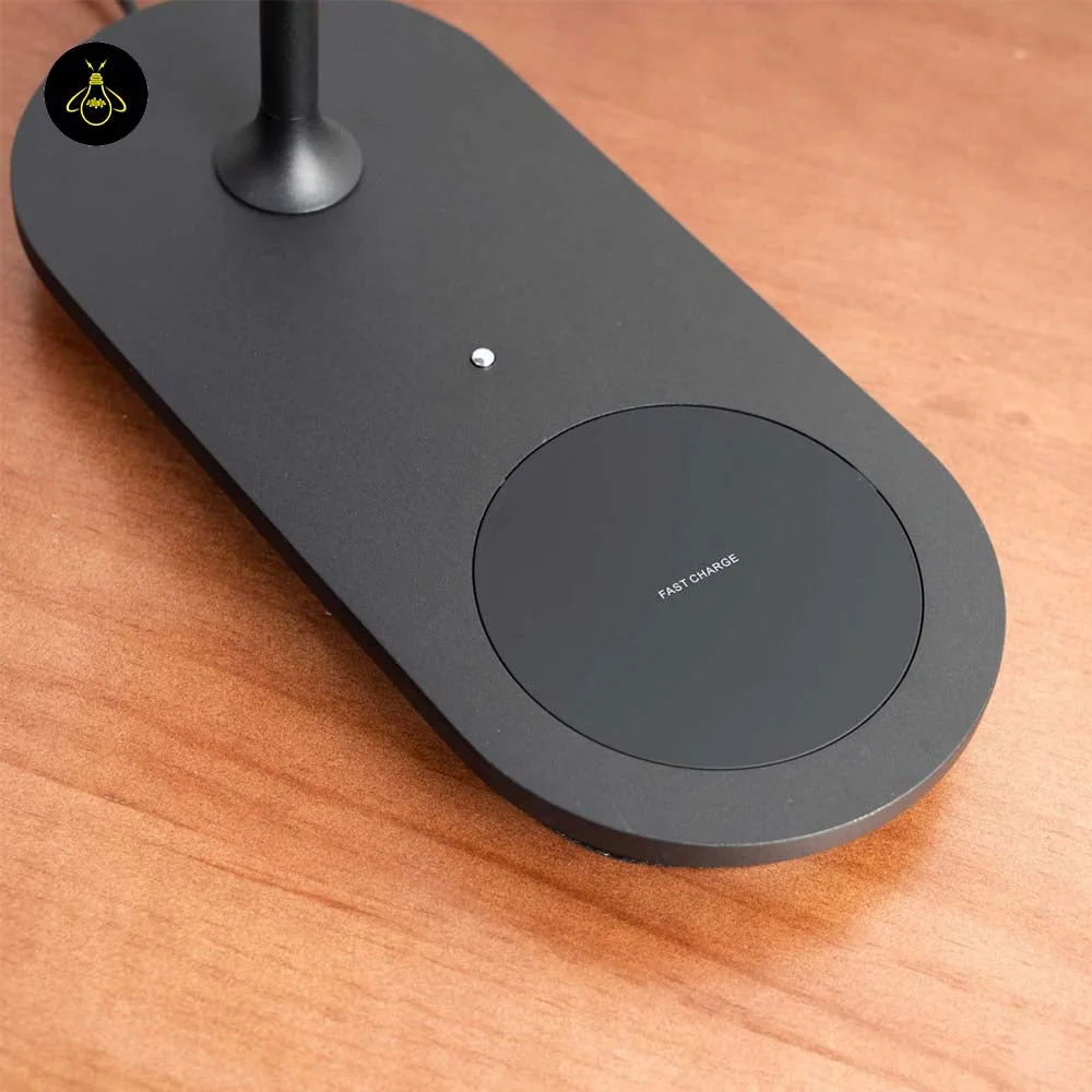 LED Table Lamp with Wireless Charging Pad – Matte Black 8 Qi fast-charge wireless pad and touch dimmer on the LED table lamp base