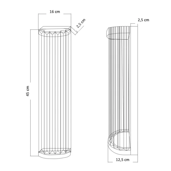 Dimension drawing of the ribbed glass wall light: 45 cm high, 16 cm wide, 12.5 cm projection, 2.5 cm caps
