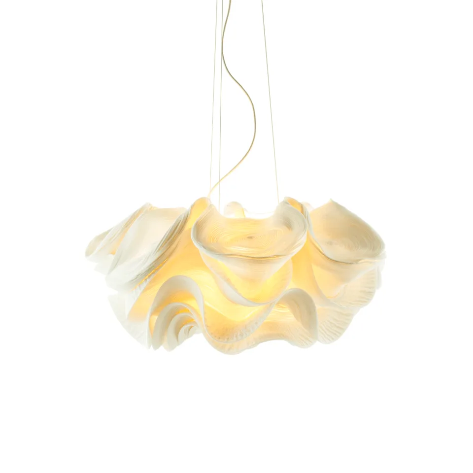 Petal chandelier with layered white composite petals for a hotel lobby