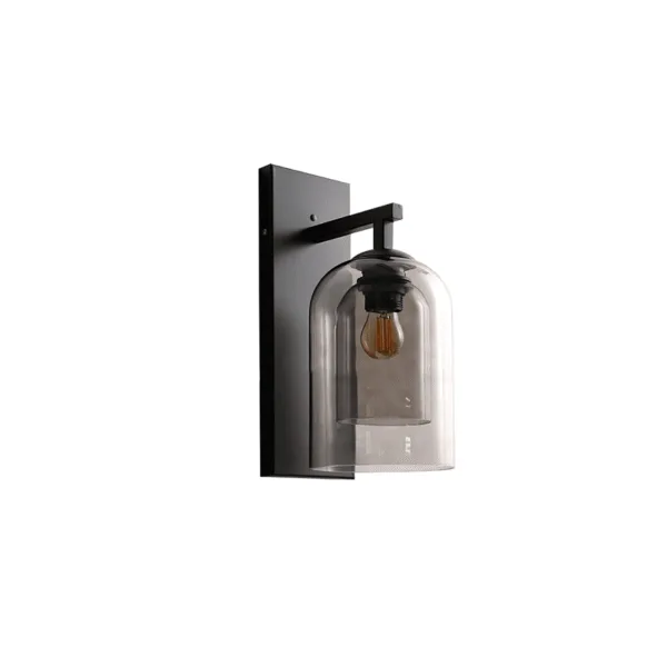 Fancy lights for wall: smoke grey double-glass tubular sconce in smoked borosilicate glass on a matte black 304 stainless steel arm and backplate