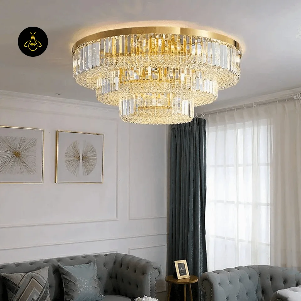 Crystal Ceiling Chandelier – Round Flush-Mount K9, 6 Sizes 16 Luxury crystal ceiling chandelier with chrome frame and crystal ball dome