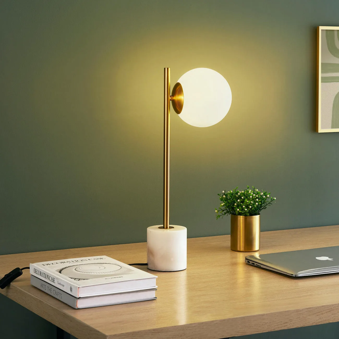 Marble Table Lamp with Opal Glass Globe – Brass Finish, 34 cm 8 Front view of the marble table lamp with opal borosilicate glass globe and brass arm