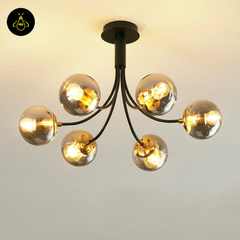 Black glass chandelier with six smoke-grey glass globes on a matte-black sputnik frame for living rooms